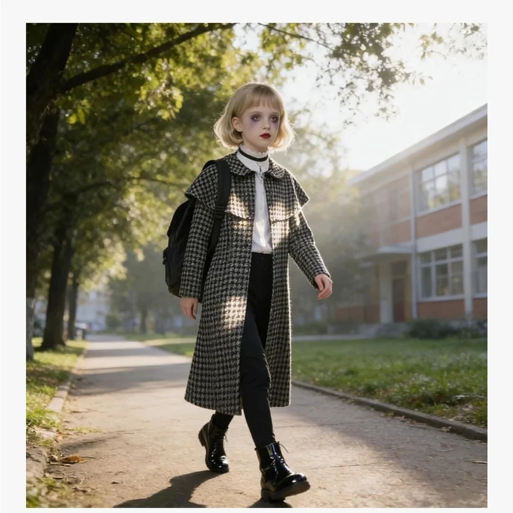 Girls Long Black Trench Coat – Gothic Style Costume for Kids 005